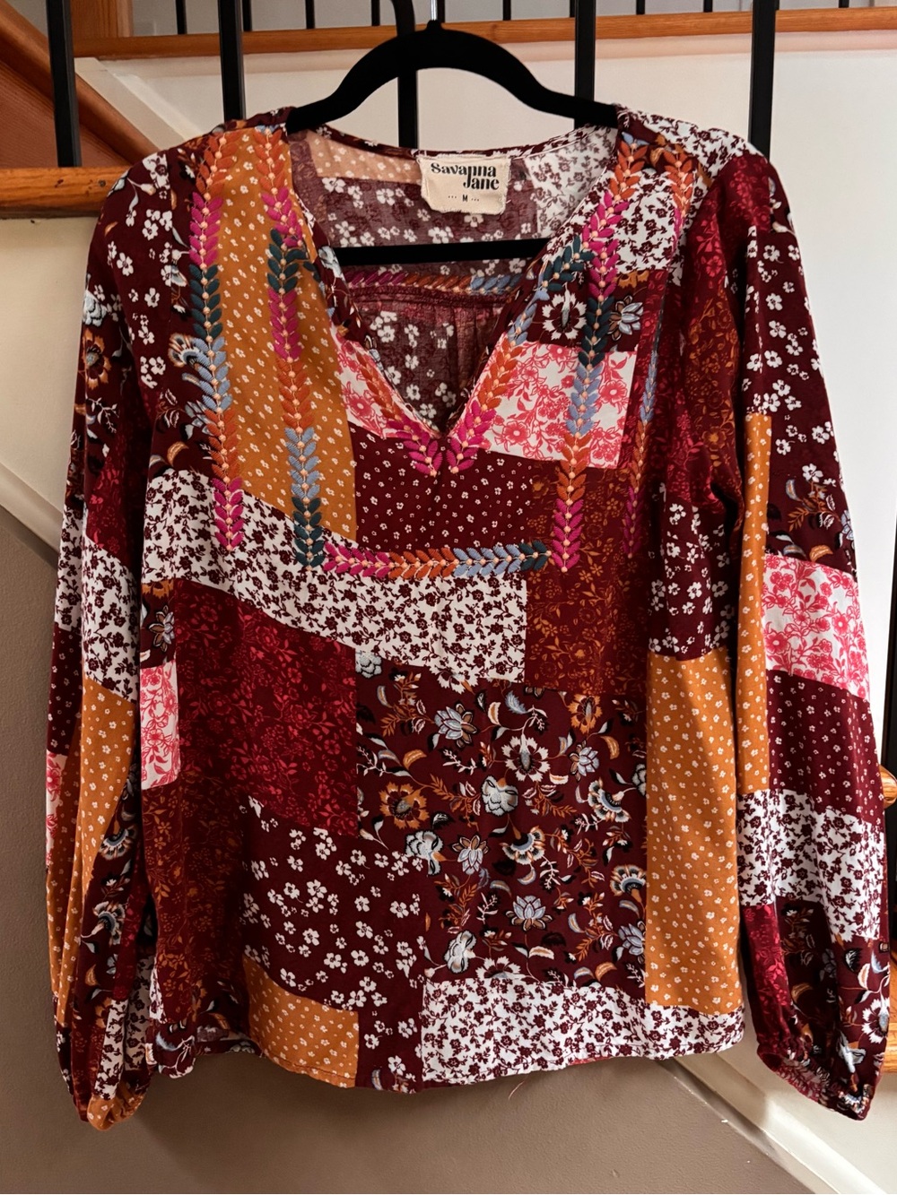 Savanna Jane Patchwork Floral Embroidered Boho Blouse Top - Medium